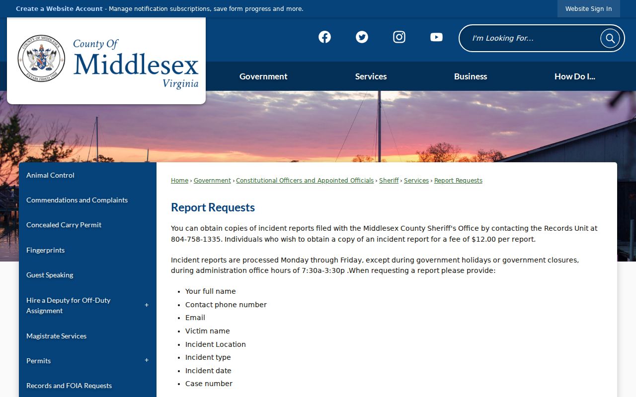 Middlesex County warrant records: Sheriff incident-record request page