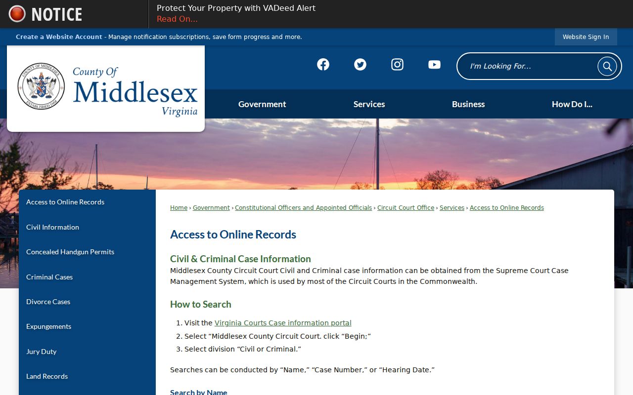 Middlesex County warrant records: county instructions for Circuit Court search