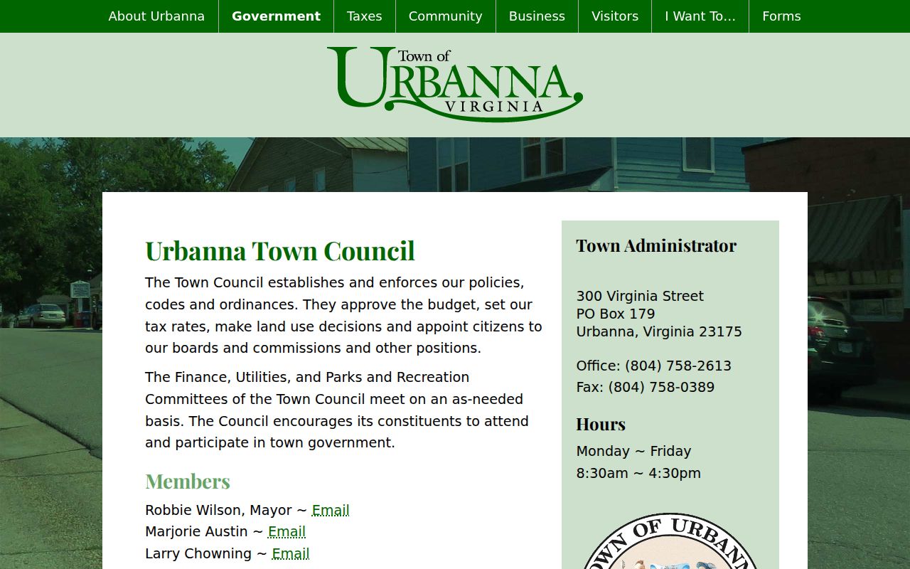 Middlesex County Urbanna warrant records: Town Hall and government contact page